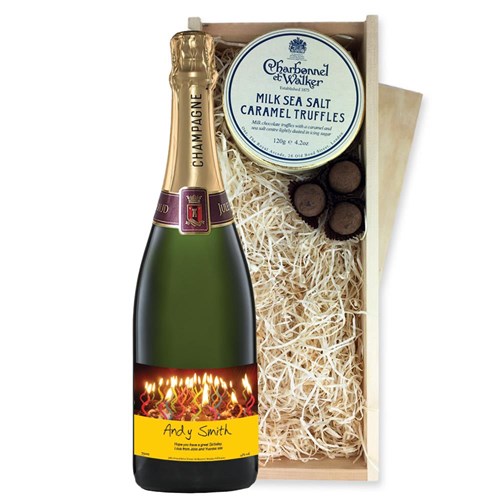Personalised Champagne - Candles Label And Milk Sea Salt Charbonnel Chocolates Box